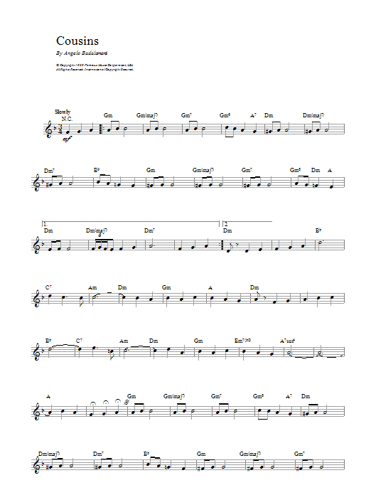 Angelo Badalamenti Cousins sheet music notes and chords. Download Printable PDF.