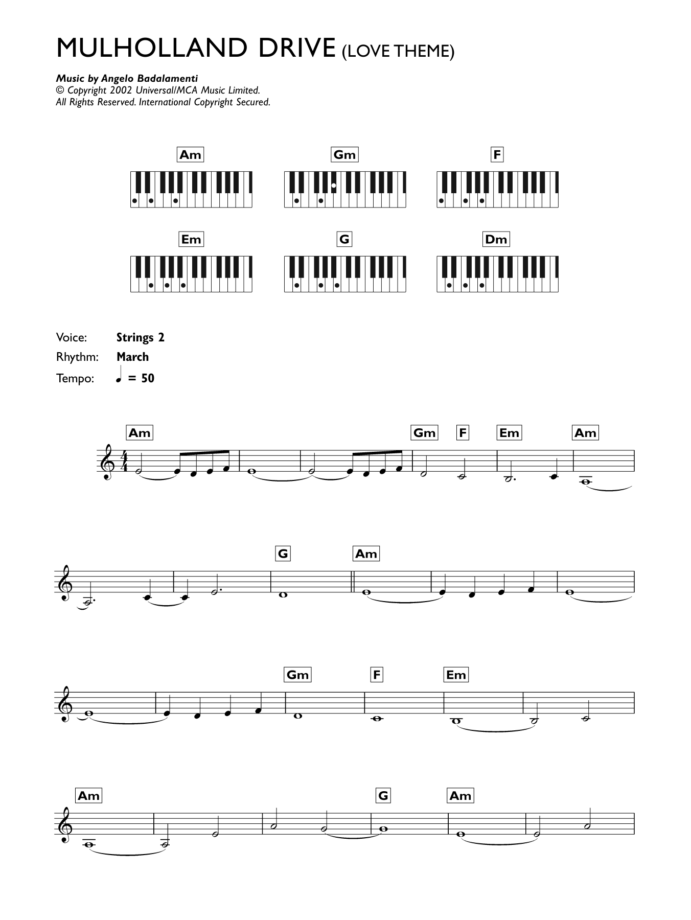 Angelo Badalamenti Mulholland Drive (Love Theme) sheet music notes and chords. Download Printable PDF.