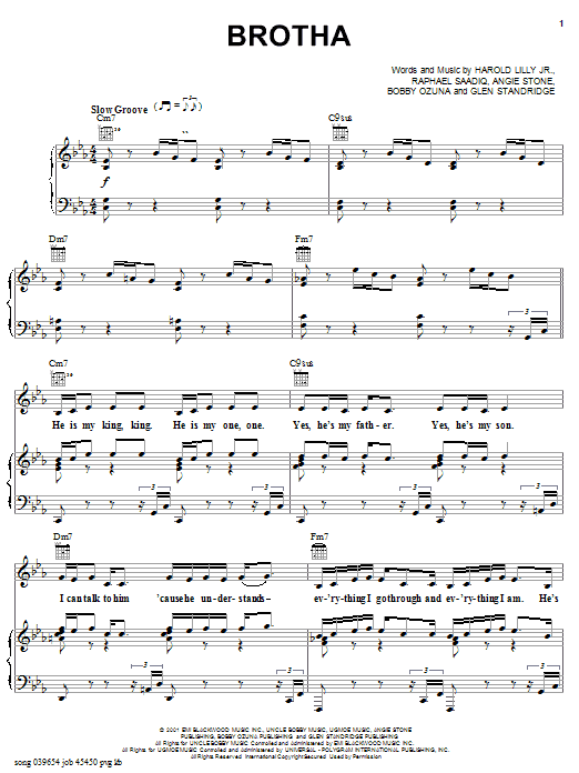 Learn to play Angie Stone Brotha sheet music for Piano, Vocal & Guitar Chords (Right-Hand Melody) in minutes. Price: 7.8900$ Angie Stone Brotha sheet music notes and chords arranged for Piano, Vocal & Guitar Chords (Right-Hand Melody)