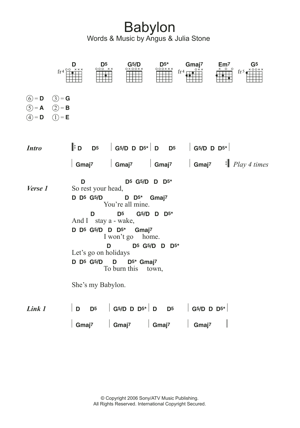 Angus & Julia Stone Babylon sheet music notes and chords. Download Printable PDF.