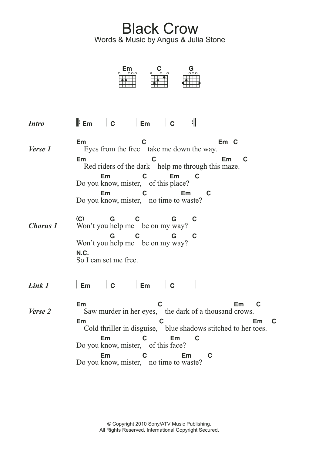 Angus & Julia Stone Black Crow sheet music notes and chords. Download Printable PDF.