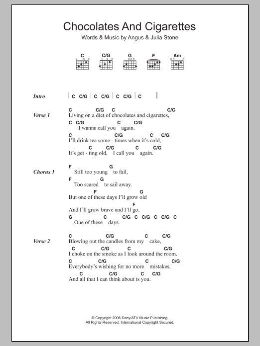 Angus & Julia Stone Chocolates And Cigarettes sheet music notes and chords. Download Printable PDF.