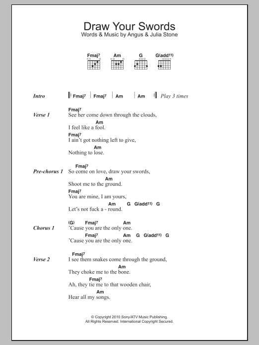 Angus & Julia Stone Draw Your Swords sheet music notes and chords. Download Printable PDF.