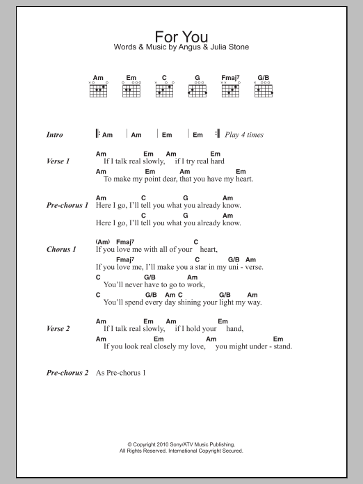 Angus & Julia Stone For You sheet music notes and chords. Download Printable PDF.