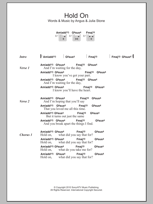 Angus & Julia Stone Hold On sheet music notes and chords. Download Printable PDF.