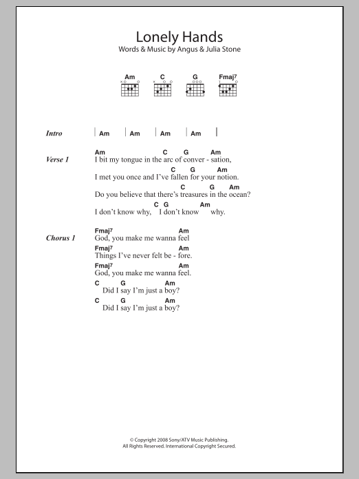 Angus & Julia Stone Lonely Hands sheet music notes and chords. Download Printable PDF.