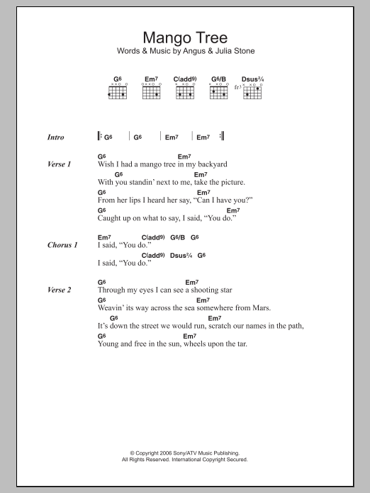 Angus & Julia Stone Mango Tree sheet music notes and chords. Download Printable PDF.