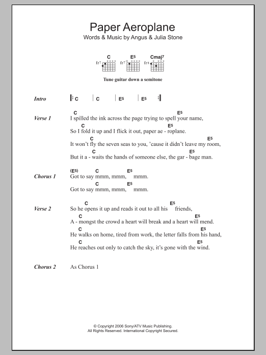 Angus & Julia Stone Paper Aeroplane sheet music notes and chords. Download Printable PDF.