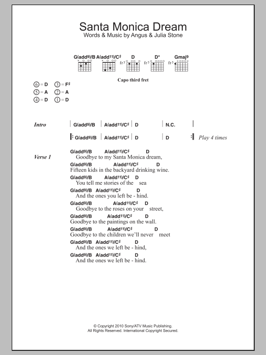 Angus & Julia Stone Santa Monica Dream sheet music notes and chords. Download Printable PDF.