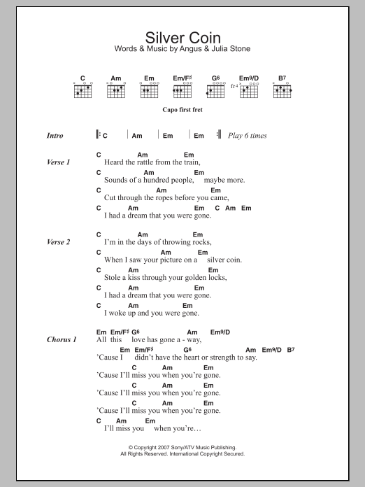 Angus & Julia Stone Silver Coin sheet music notes and chords. Download Printable PDF.