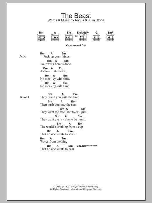 Angus & Julia Stone The Beast sheet music notes and chords. Download Printable PDF.