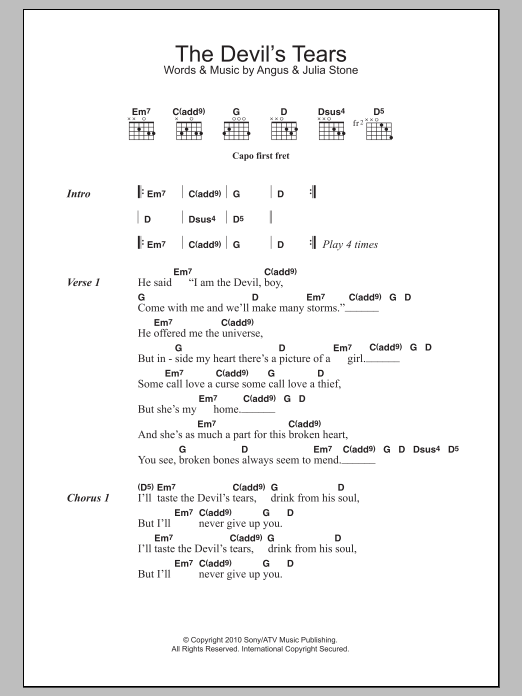 Angus & Julia Stone The Devil's Tears sheet music notes and chords. Download Printable PDF.