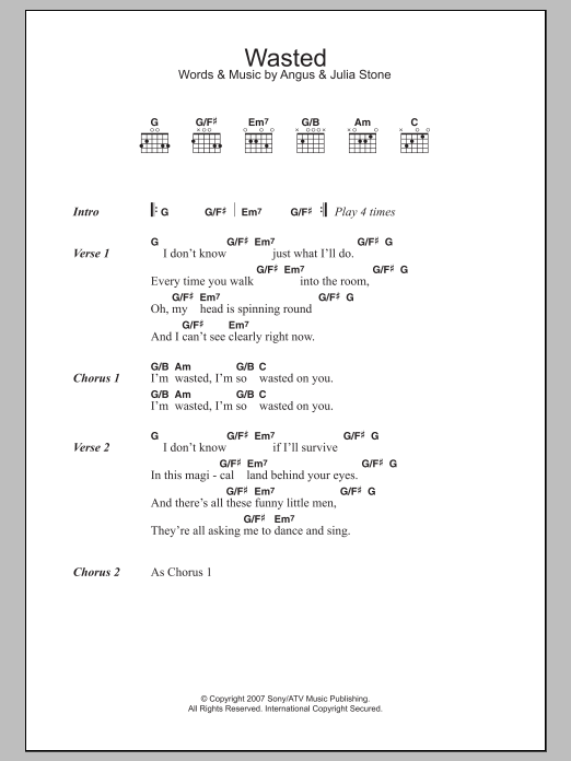 Angus & Julia Stone Wasted sheet music notes and chords. Download Printable PDF.