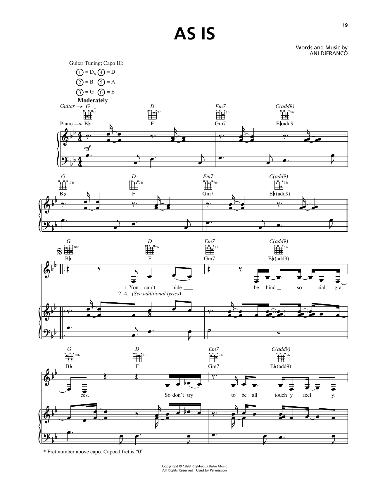 Learn to play Ani DiFranco As Is sheet music for Piano, Vocal & Guitar Chords (Right-Hand Melody) in minutes. Price: 7.8900$ Ani DiFranco As Is sheet music notes and chords arranged for Piano, Vocal & Guitar Chords (Right-Hand Melody)