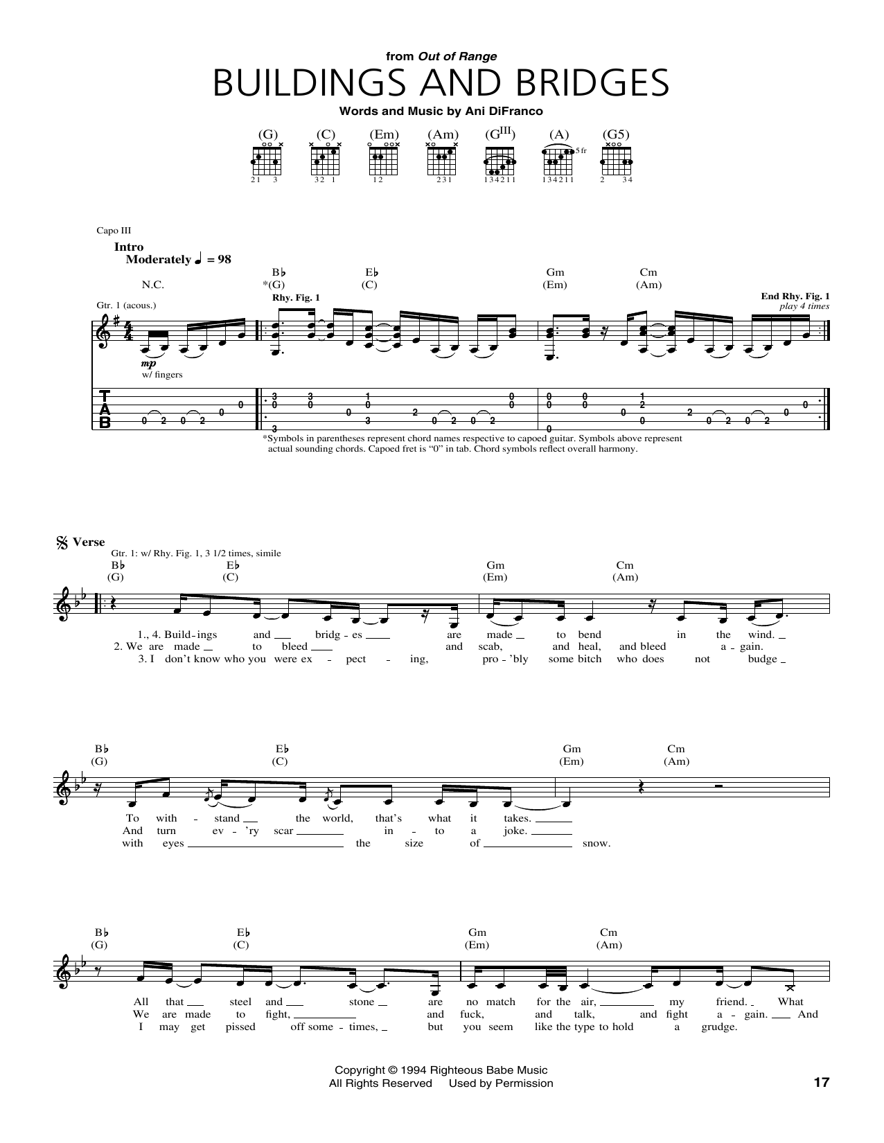 Learn to play Ani DiFranco Buildings and Bridges sheet music for Guitar Tab in minutes. Price: 7.8900$ Ani DiFranco Buildings and Bridges sheet music notes and chords arranged for Guitar Tab