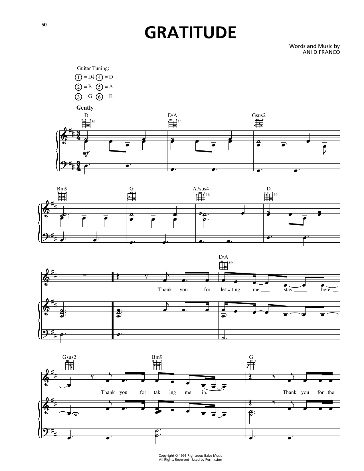 Learn to play Ani DiFranco Gratitude sheet music for Piano, Vocal & Guitar Chords (Right-Hand Melody) in minutes. Price: 7.8900$ Ani DiFranco Gratitude sheet music notes and chords arranged for Piano, Vocal & Guitar Chords (Right-Hand Melody)