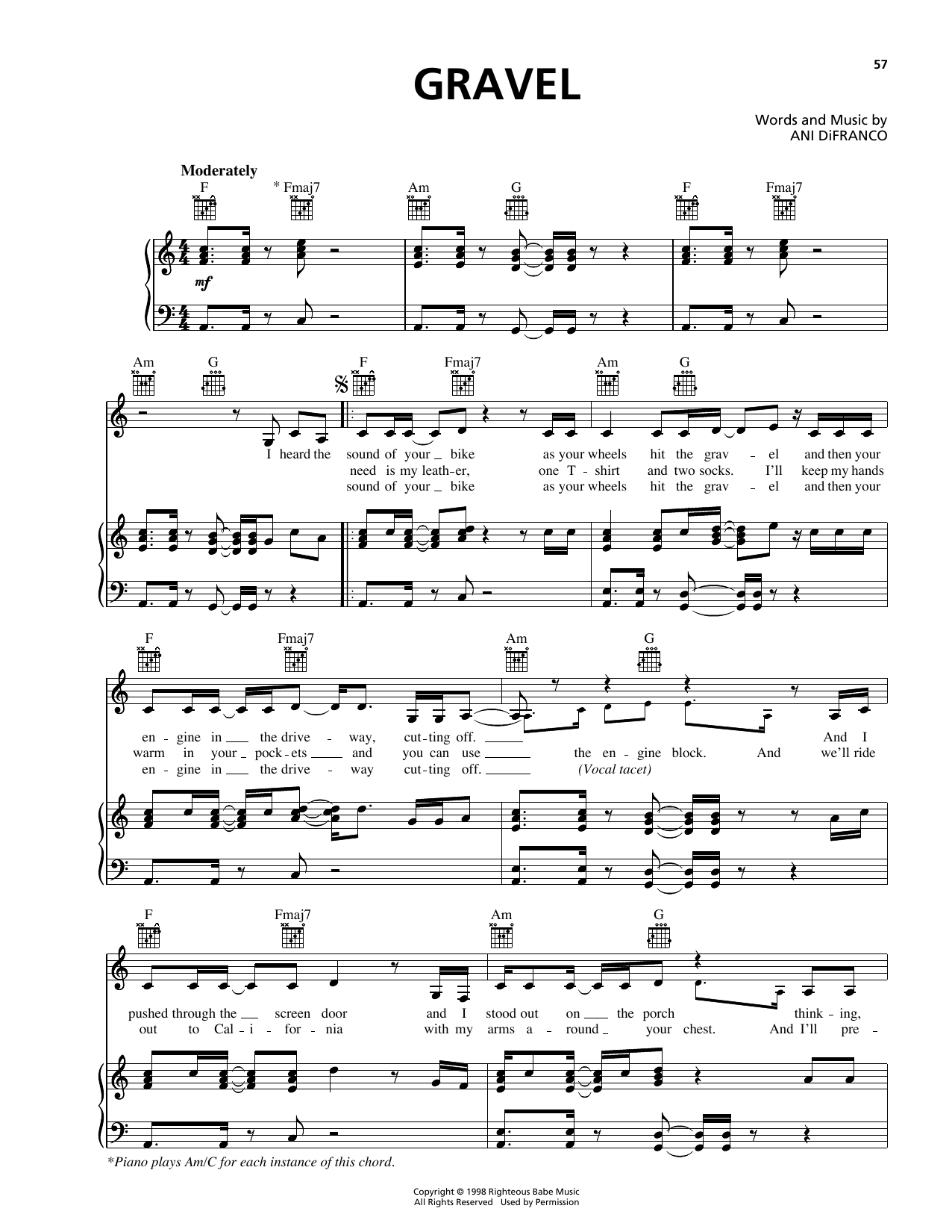 Learn to play Ani DiFranco Gravel sheet music for Piano, Vocal & Guitar Chords (Right-Hand Melody) in minutes. Price: 7.8900$ Ani DiFranco Gravel sheet music notes and chords arranged for Piano, Vocal & Guitar Chords (Right-Hand Melody)