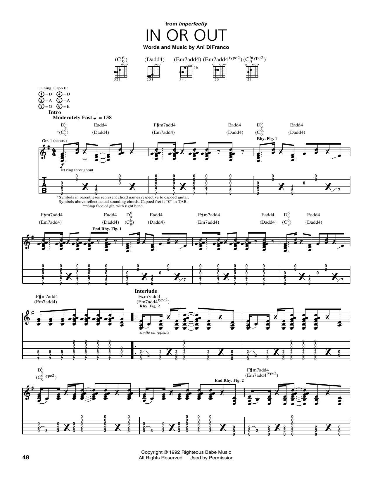 Learn to play Ani DiFranco In Or Out sheet music for Guitar Tab in minutes. Price: 7.8900$ Ani DiFranco In Or Out sheet music notes and chords arranged for Guitar Tab