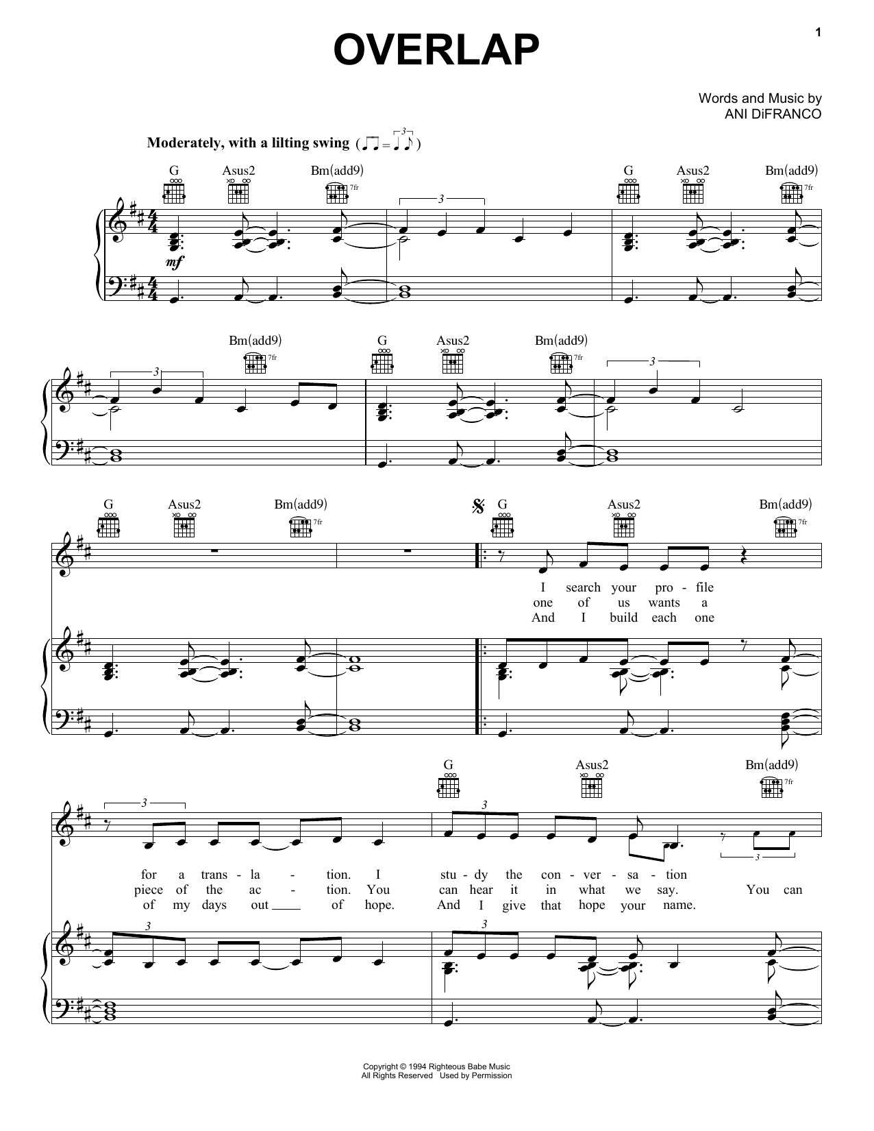 Ani DiFranco Overlap sheet music notes and chords. Download Printable PDF.