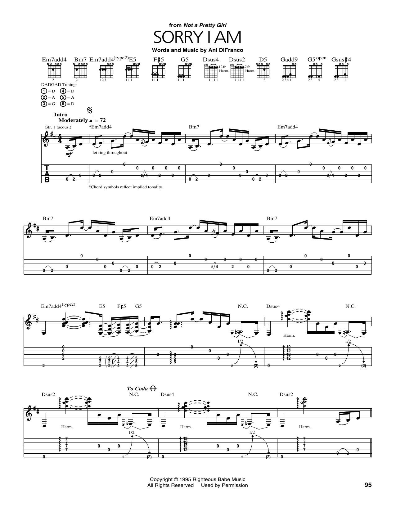 Learn to play Ani DiFranco Sorry I Am sheet music for Guitar Tab in minutes. Price: 7.8900$ Ani DiFranco Sorry I Am sheet music notes and chords arranged for Guitar Tab