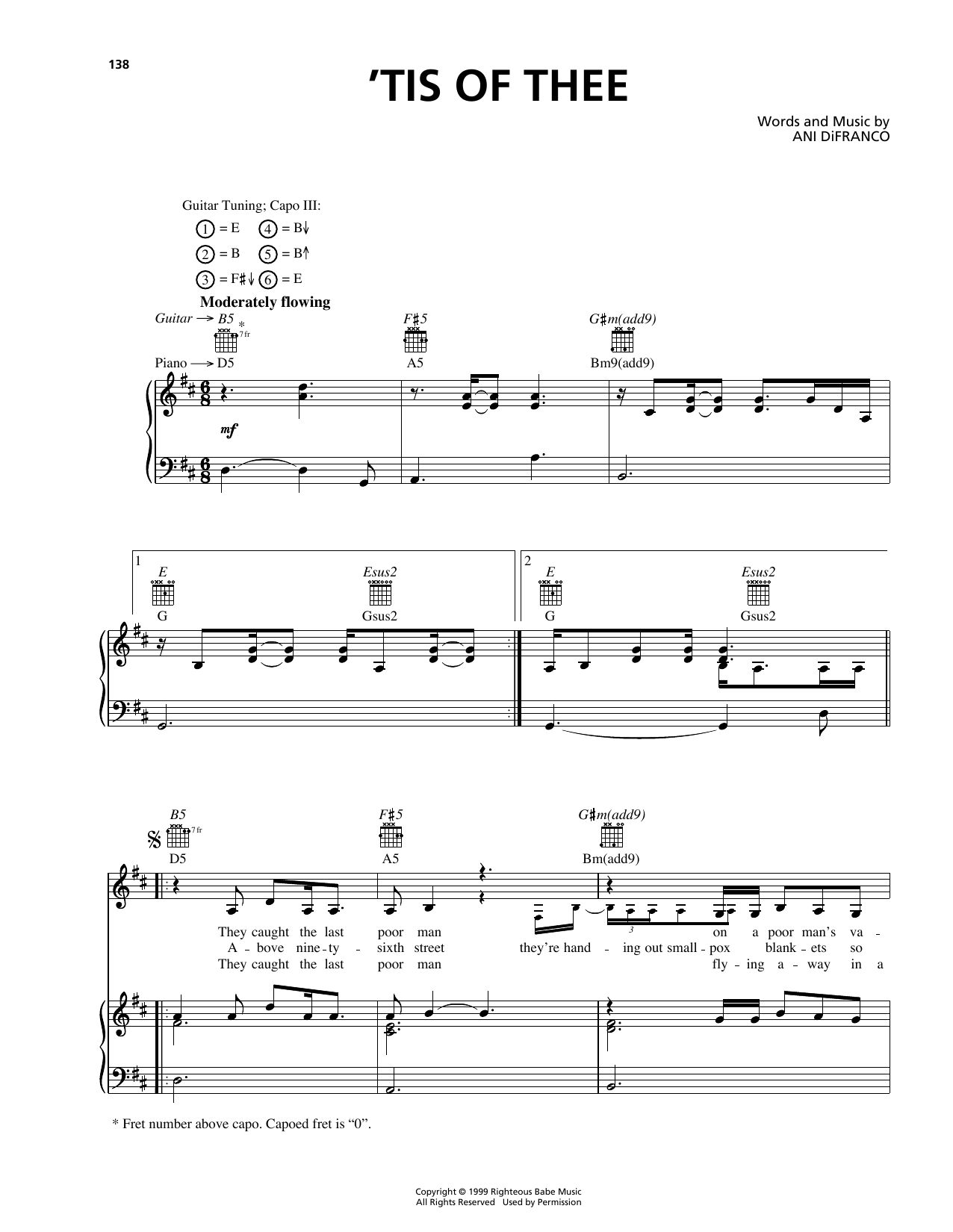 Learn to play Ani DiFranco 'Tis Of Thee sheet music for Piano, Vocal & Guitar Chords (Right-Hand Melody) in minutes. Price: 7.8900$ Ani DiFranco 'Tis Of Thee sheet music notes and chords arranged for Piano, Vocal & Guitar Chords (Right-Hand Melody)