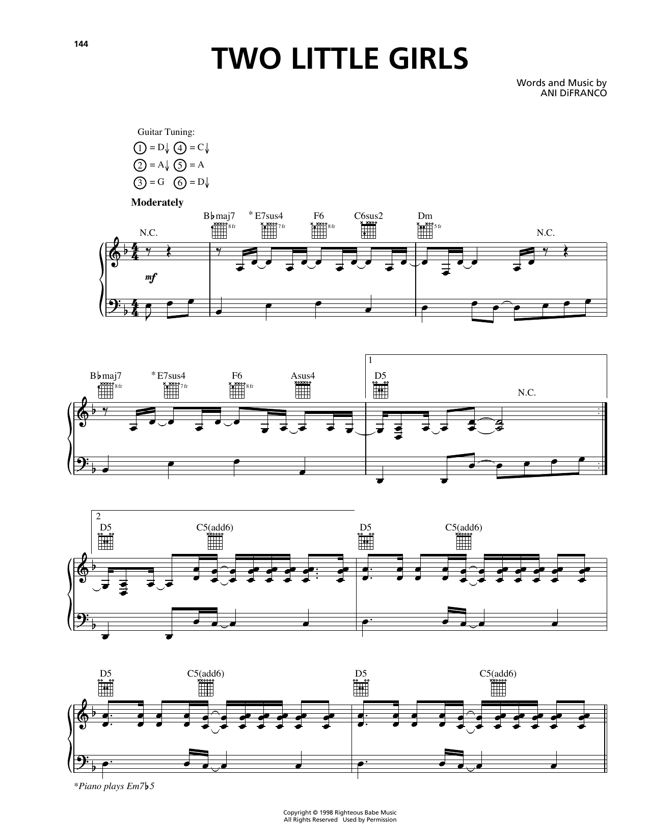 Learn to play Ani DiFranco Two Little Girls sheet music for Piano, Vocal & Guitar Chords (Right-Hand Melody) in minutes. Price: 7.8900$ Ani DiFranco Two Little Girls sheet music notes and chords arranged for Piano, Vocal & Guitar Chords (Right-Hand Melody)