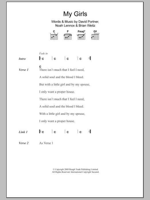 Learn to play Animal Collective My Girls sheet music for Guitar Chords/Lyrics in minutes. Price: 4.4900$ Animal Collective My Girls sheet music notes and chords arranged for Guitar Chords/Lyrics