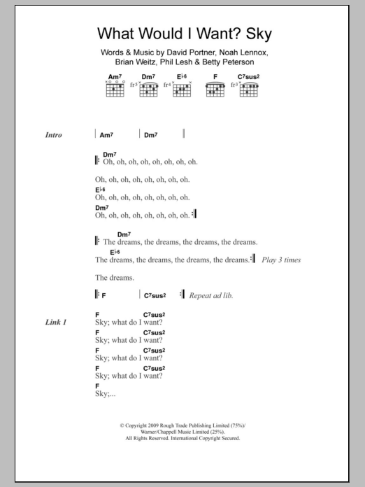 Learn to play Animal Collective What Would I Want? Sky sheet music for Guitar Chords/Lyrics in minutes. Price: 4.4900$ Animal Collective What Would I Want? Sky sheet music notes and chords arranged for Guitar Chords/Lyrics