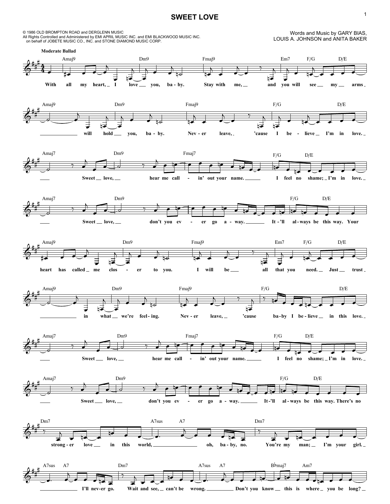 Anita Baker Sweet Love sheet music notes and chords. Download Printable PDF.