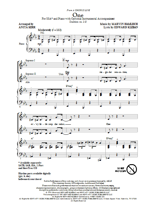 Anita Kerr One (from A Chorus Line) sheet music notes and chords. Download Printable PDF.