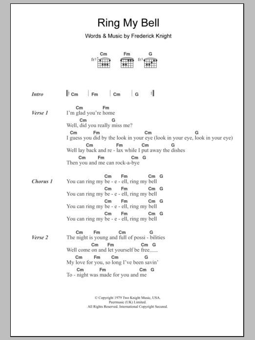 Anita Ward Ring My Bell sheet music notes and chords. Download Printable PDF.