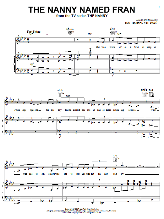 Ann Hampton Callaway The Nanny Named Fran sheet music notes and chords arranged for Piano, Vocal & Guitar Chords (Right-Hand Melody)