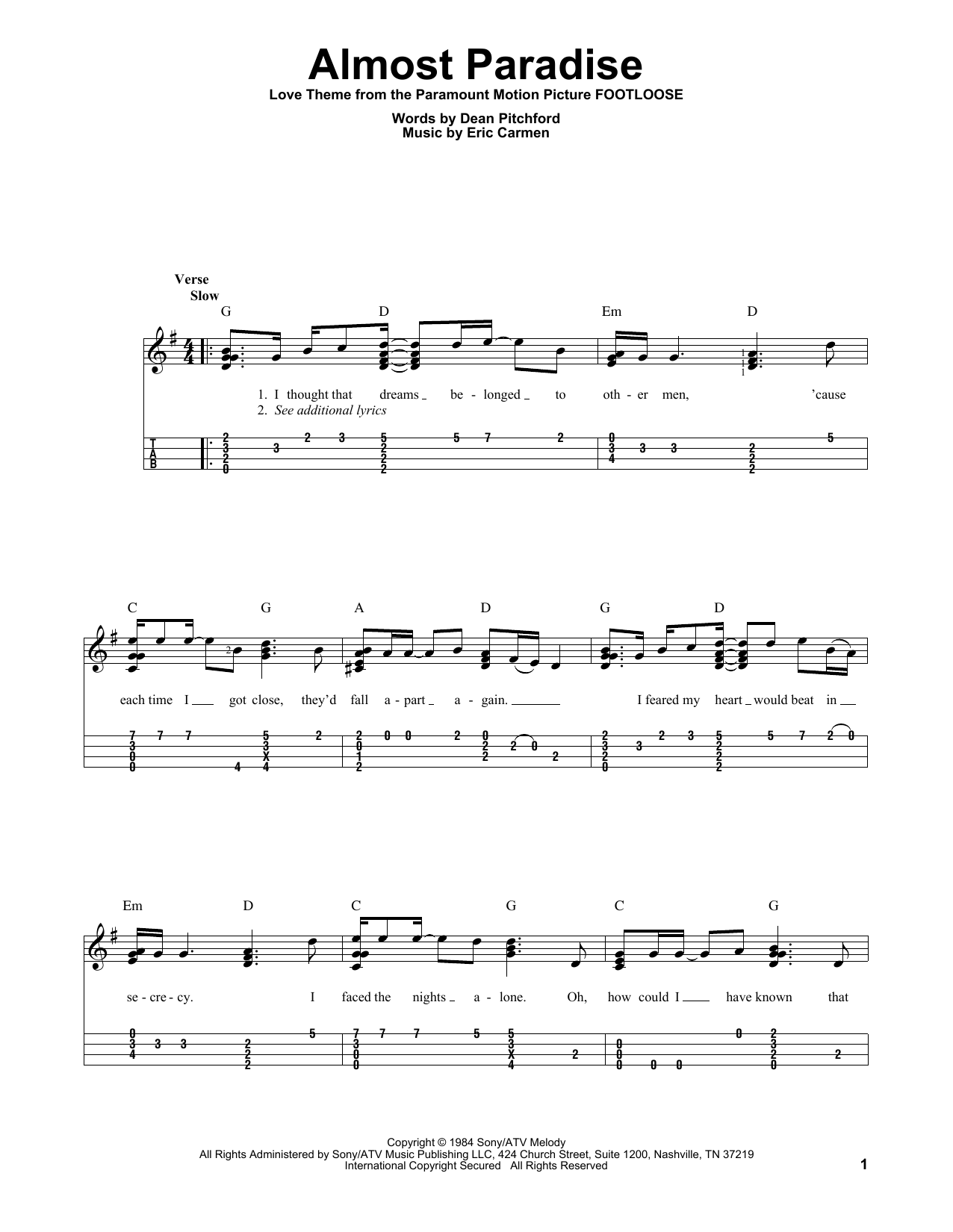 Ann Wilson & Mike Reno Almost Paradise (from Footloose) sheet music notes and chords arranged for Easy Ukulele Tab