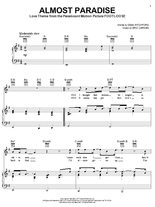 Ann Wilson & Mike Reno Almost Paradise (from Footloose) sheet music notes and chords. Download Printable PDF.