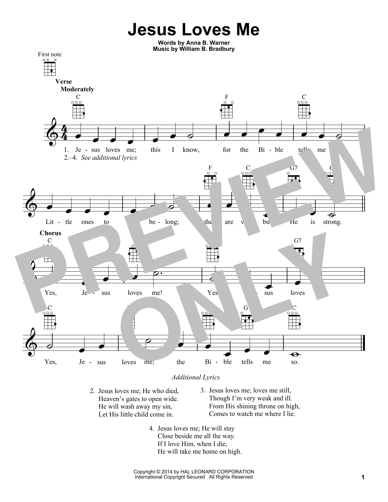 Anna B. Warner and William B. Bradbury Jesus Loves Me sheet music notes and chords arranged for Ukulele