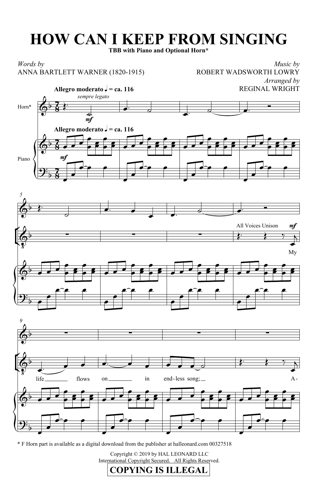 Anna Bartlett Warner and Robert Wadsworth Lowry How Can I Keep From Singing (arr. Reginal Wright) sheet music notes and chords. Download Printable PDF.