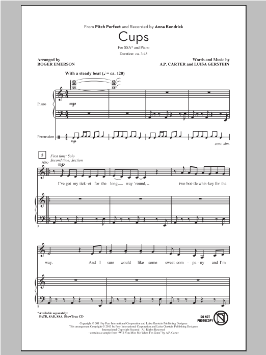 Anna Kendrick Cups (from Pitch Perfect) (arr. Roger Emerson) sheet music notes and chords. Download Printable PDF.