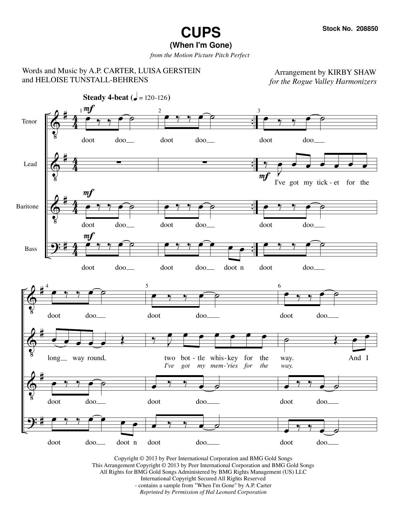 Anna Kendrick Cups (When I'm Gone) (from Pitch Perfect) (arr. Kirby Shaw) sheet music notes and chords arranged for TTBB Choir