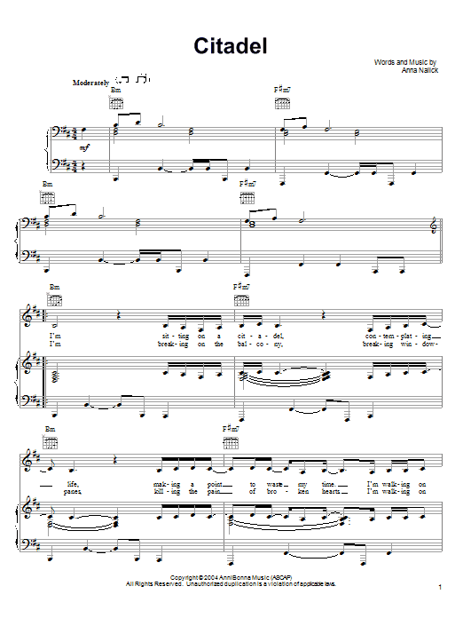 Learn to play Anna Nalick Citadel sheet music for Piano, Vocal & Guitar Chords (Right-Hand Melody) in minutes. Price: 7.8900$ Anna Nalick Citadel sheet music notes and chords arranged for Piano, Vocal & Guitar Chords (Right-Hand Melody)