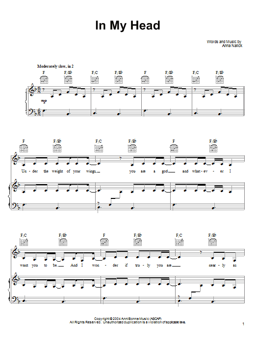 Learn to play Anna Nalick In My Head sheet music for Piano, Vocal & Guitar Chords (Right-Hand Melody) in minutes. Price: 7.8900$ Anna Nalick In My Head sheet music notes and chords arranged for Piano, Vocal & Guitar Chords (Right-Hand Melody)