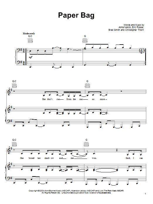 Anna Nalick Paper Bag sheet music notes and chords arranged for Piano, Vocal & Guitar Chords (Right-Hand Melody)