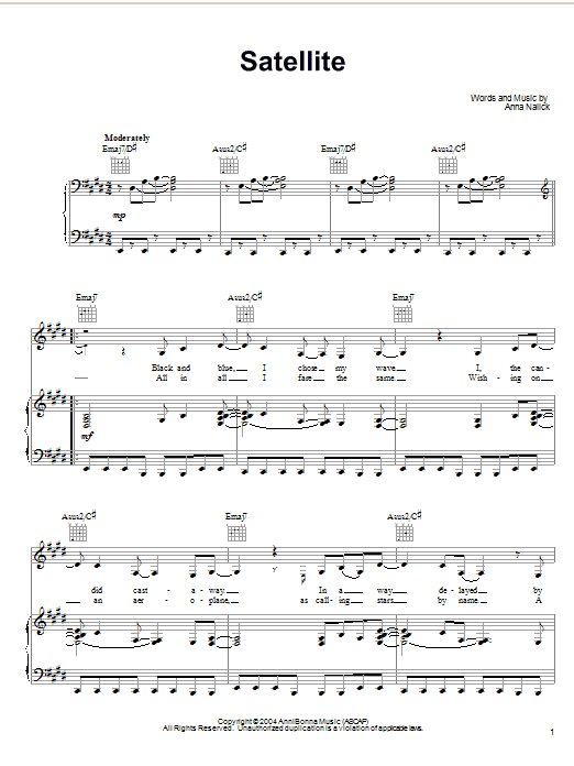 Anna Nalick Satellite sheet music notes and chords arranged for Piano, Vocal & Guitar Chords (Right-Hand Melody)