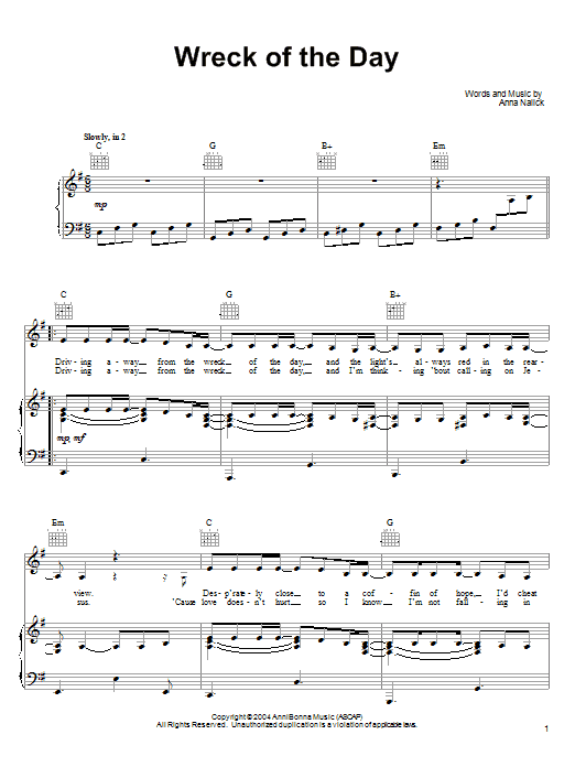 Learn to play Anna Nalick Wreck of the Day sheet music for Piano, Vocal & Guitar Chords (Right-Hand Melody) in minutes. Price: 7.8900$ Anna Nalick Wreck of the Day sheet music notes and chords arranged for Piano, Vocal & Guitar Chords (Right-Hand Melody)