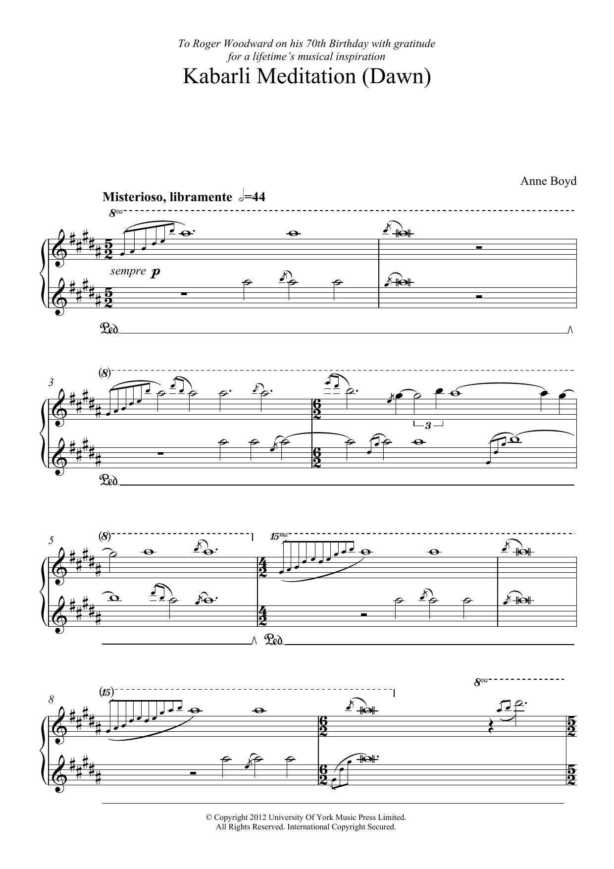 Learn to play Anne Boyd Kabarli Meditation (Dawn) sheet music for Piano Solo in minutes. Price: 7.8900$ Anne Boyd Kabarli Meditation (Dawn) sheet music notes and chords arranged for Piano Solo