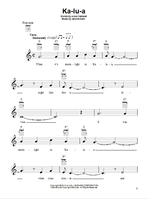 Learn to play Jerome Kern Ka-lu-a sheet music for Ukulele Chords/Lyrics in minutes. Price: 4.4900$ Jerome Kern Ka-lu-a sheet music notes and chords arranged for Ukulele Chords/Lyrics