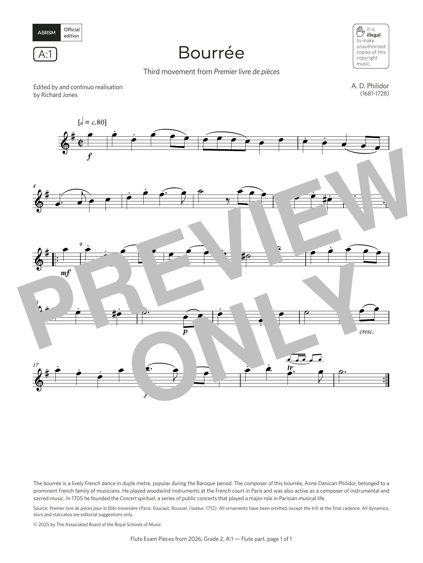 Learn to play Anne Danican Philidor Bourrée (Grade 2, list A1, from the ABRSM Flute Syllabus from 2026) sheet music for Flute Solo in minutes. Price: 5.9900$ Anne Danican Philidor Bourrée (Grade 2, list A1, from the ABRSM Flute Syllabus from 2026) sheet music notes and chords arranged for Flute Solo