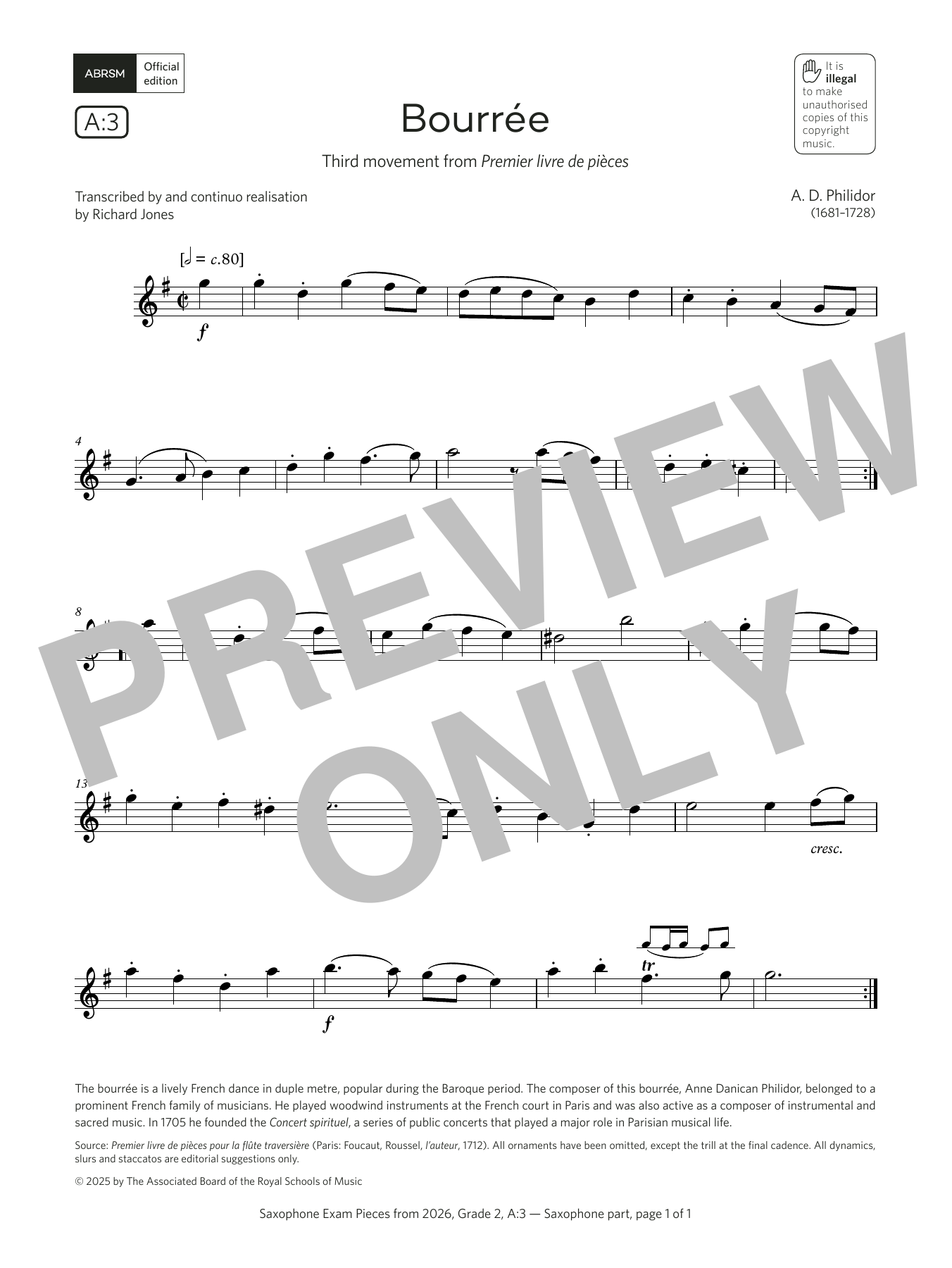 Learn to play Anne Danican Philidor Bourrée (Grade 2, list A3, from the ABRSM Saxophone Syllabus from 2026) sheet music for Alto Sax Solo in minutes. Price: 5.9900$ Anne Danican Philidor Bourrée (Grade 2, list A3, from the ABRSM Saxophone Syllabus from 2026) sheet music notes and chords arranged for Alto Sax Solo