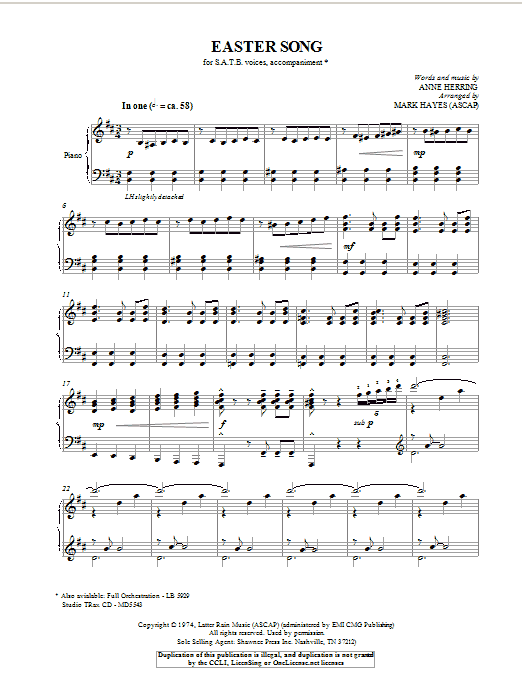 Anne Herring Easter Song (arr. Mark Hayes) sheet music notes and chords arranged for Piano, Vocal & Guitar Chords