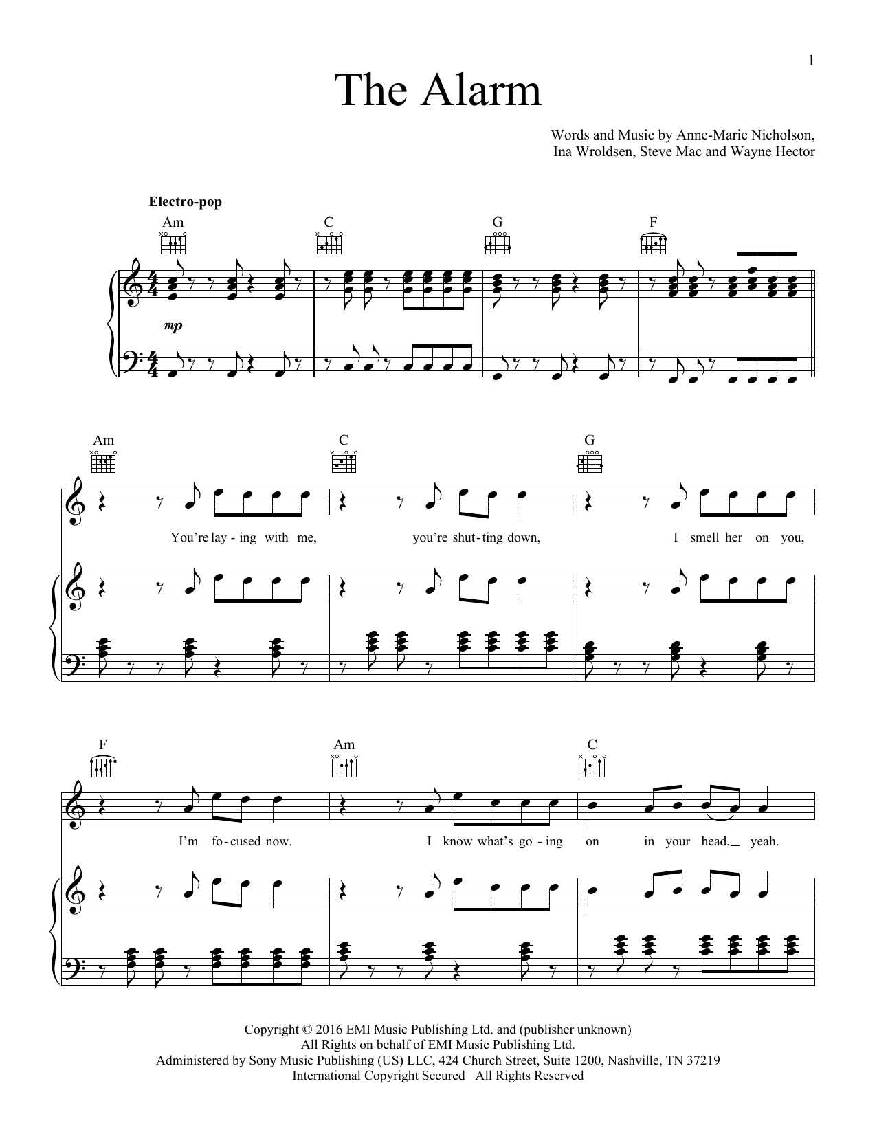 Anne-Marie Alarm sheet music notes and chords arranged for Piano, Vocal & Guitar Chords (Right-Hand Melody)