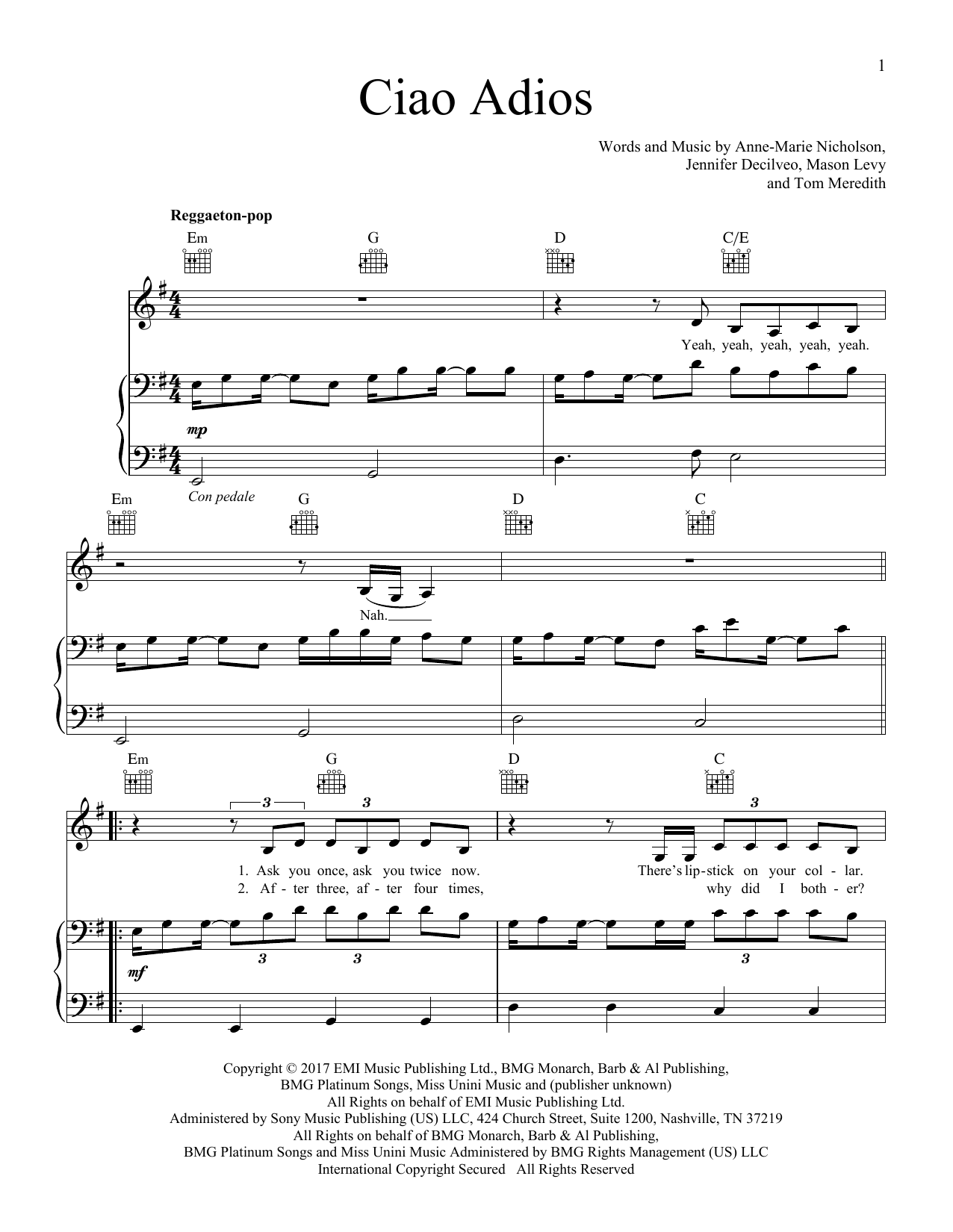 Anne-Marie Ciao Adios sheet music notes and chords arranged for Piano, Vocal & Guitar Chords